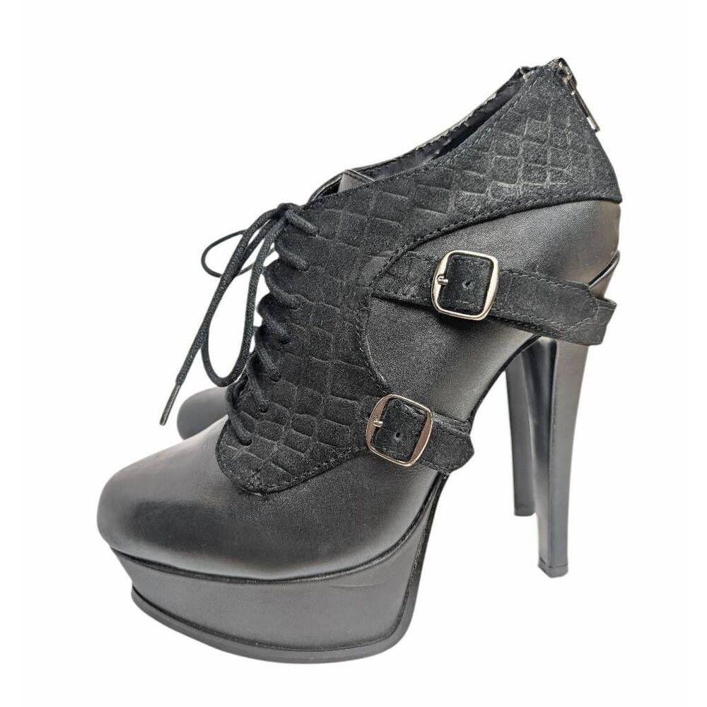 Y2K Bakers GENAA black leather lace up oxford platform booties womens 7